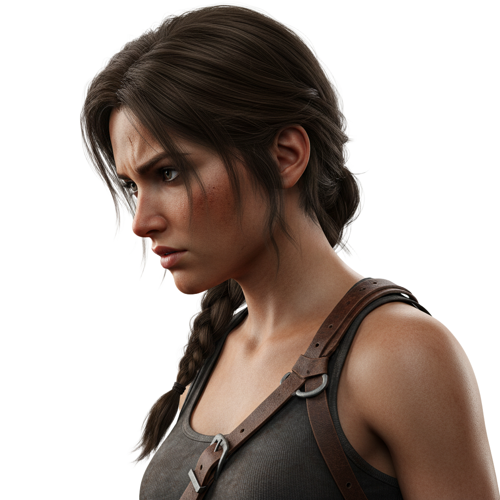 Uma pessoa, Lara Croft, olhando para a esquerda